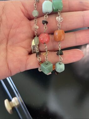 Multi-Gemstone Beaded bracelet silver - Green, Coral & Amber